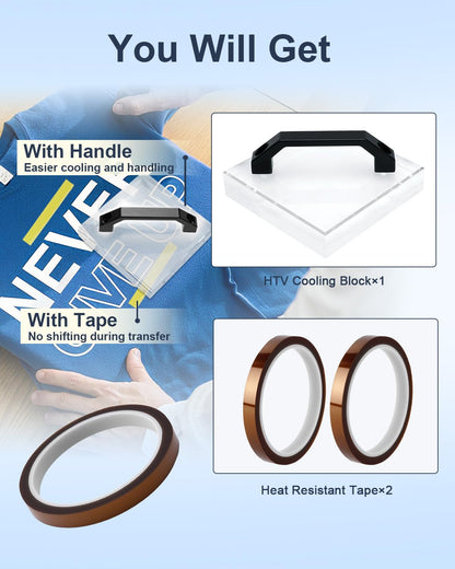 UCEC HTV Cooling Block & 2 Rolls Heat Resistant Tape, DTF Cooling Block for Heat Press with Handle, Heat Press Accessories for Sublimation Paper, Heat Transfer Vinyl, Iron on Vinyl,Heat Transfer Paper