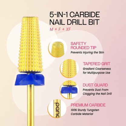 PANA Nail Carbide 5 in 1 Bit - Two Way Rotate use for Both Left and Right Handed - Fast Remove Acrylic or Hard Gel - 3/32" Shank - Manicure, Nail Art, Drill Machine (Fine - F, Silver)