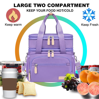 Weitars Insulated Lunch Box for Women Men-Dual Compartment Waterproof Reusable Large Lunch Bag Wide-Open Tote Cooler Bag For Working Picnic Hiking (15L) (Purple)