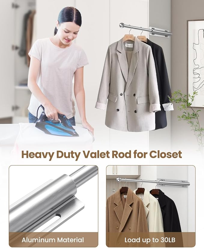 Supforce 14" Valet Rod for Closet Pull Out, Retractable Slide Out Valet Rod Closet Organization, Aluminum Valet Clothing Hanger Rods Perfect for Suits, Dresses & Freshly Pressed Clothes, White