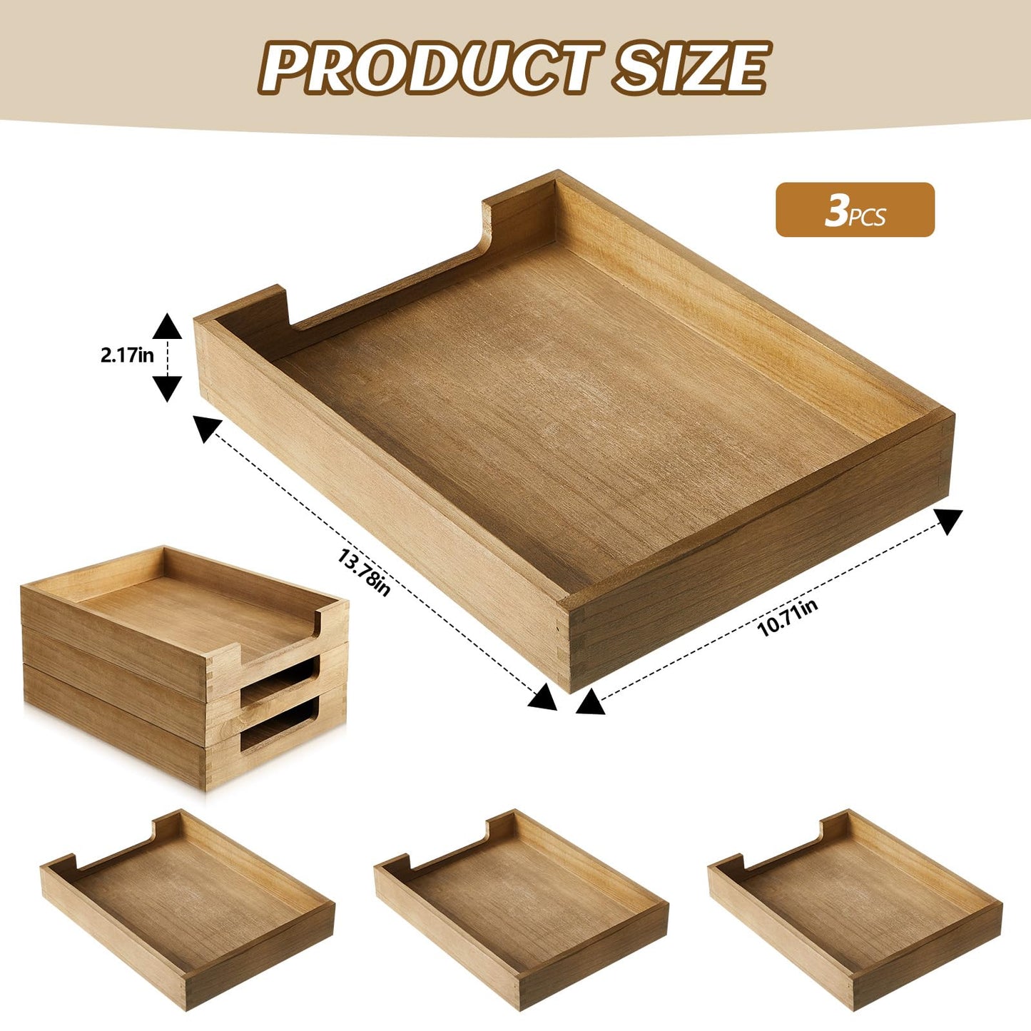 Fulmoon 3 Pcs Stackable Wood Letter Tray A4 Size Desk Tray Organizer Wooden Office Documents Tray Desktop Mail File Folder Document Magazine Storage