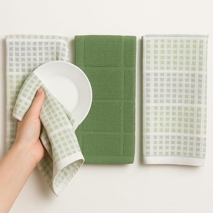Sage Green Kitchen Dish Towels – Set of 3 100% Cotton Cloth Soft Cleaning