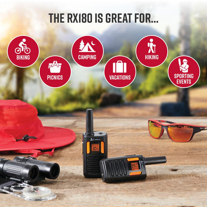 Cobra RX680 Walkie Talkies (2-Pack) - Rugged & Splashproof Two Way Radios Long Range, IP54 Water Resistant Design, 60 Pre-Programmed Channels, Weather Alerts, Included Charging Dock (Black/Orange)