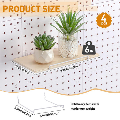 Wonderjune 4 Pcs Wooden Pegboard Shelves with Metal Pegboard Shelf Brackets Peg Board Display Storage Tray Wall Organizer Peg Board Accessories for Craft Room Home Kitchen(Brown,9.84 x 5 Inch)