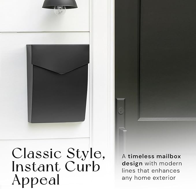 NACH Black Mailbox Wall Mount, 4.8 x 10 x 13 inch Wall Mounted Mailboxes for Outside, Waterpoof Mailbox for House - The Bradley Large Mail Box