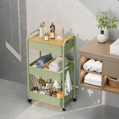3 Tier Rolling Cart with Table top, Metal Rolling Utility Cart, Sturdy Storage Organizer Cart with Locking Wheels & Hooks for Office, Classroom, Kitchen and Bathroom