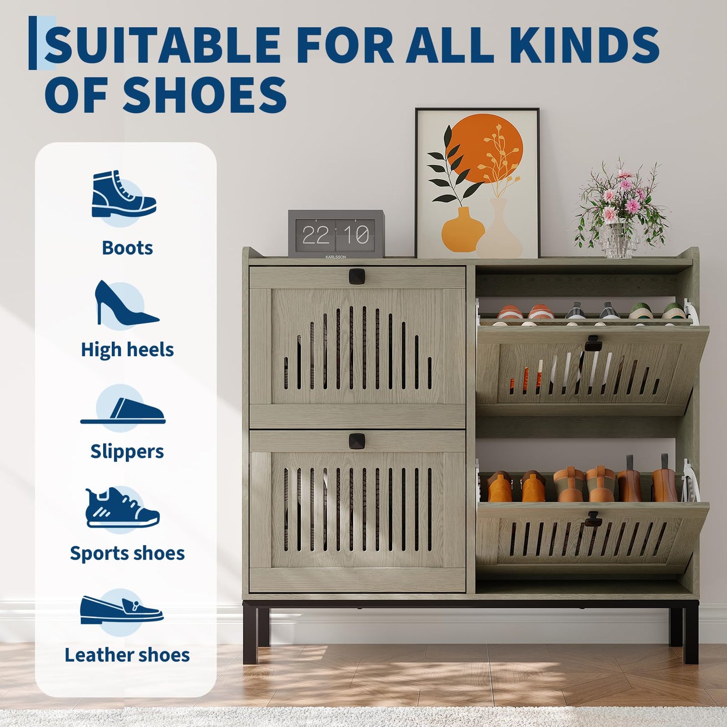 IDEALHOUSE Shoe Cabinet with 4 Flip-Drawers, Wooden Entryway Storage Organizer with Adjustable Shelf, Hidden Shoe Rack for Hallway & Living Room, Grey