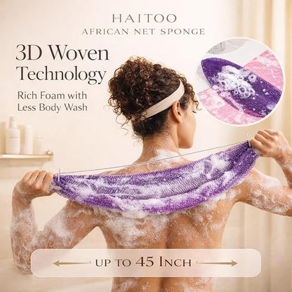 African Net Sponge Authentic, 3 Pieces African Exfoliating Net Sponge Body Back Scrubber Exfoliating Washcloth for Shower Bath for All Types Skin (Black+Pink+Blue, 3 Pcs)