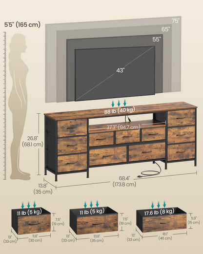 SONGMICS BELLAH Collection - TV Stand for TVs Up to 70 Inches, Dresser for Bedroom, Living Room, Chest of Drawers, Steel, 11 Drawers and Shelf, Industrial, Rustic Brown ULGS043K101S