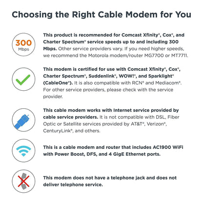 Motorola MG7550 16x4 Cable Modem Plus AC1900 Dual Band WiFi Gigabit Router with Power Boost and DFS, 686 Mbps Maximum DOCSIS 3.0 - Approved by Comcast Xfinity, Cox, Charter Spectrum, More (Black)