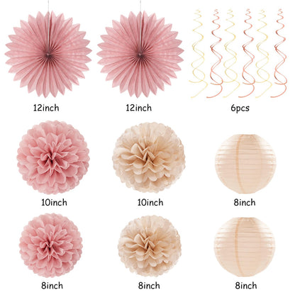 Blush-Pink Champagne Beige Happy-Birthday Party-Decorations - 31pcs 15th Women Girls Paper Lanterns Streamers Banner,Rose Gold Tissue Flowers Pom Poms Fans Tassels Graland Decor Supplies Hugmoon