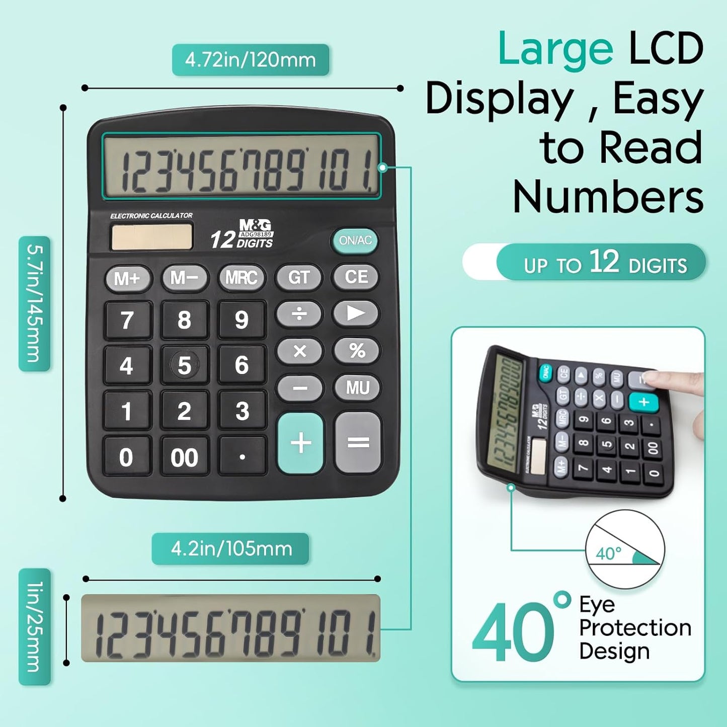M&G Desk Calculator 12 Digit Office Calculators with Large LCD Display, Dual Solar Power and Battery, Recessed Big Button Calculator for Office Home School (Black, Pack of 5)