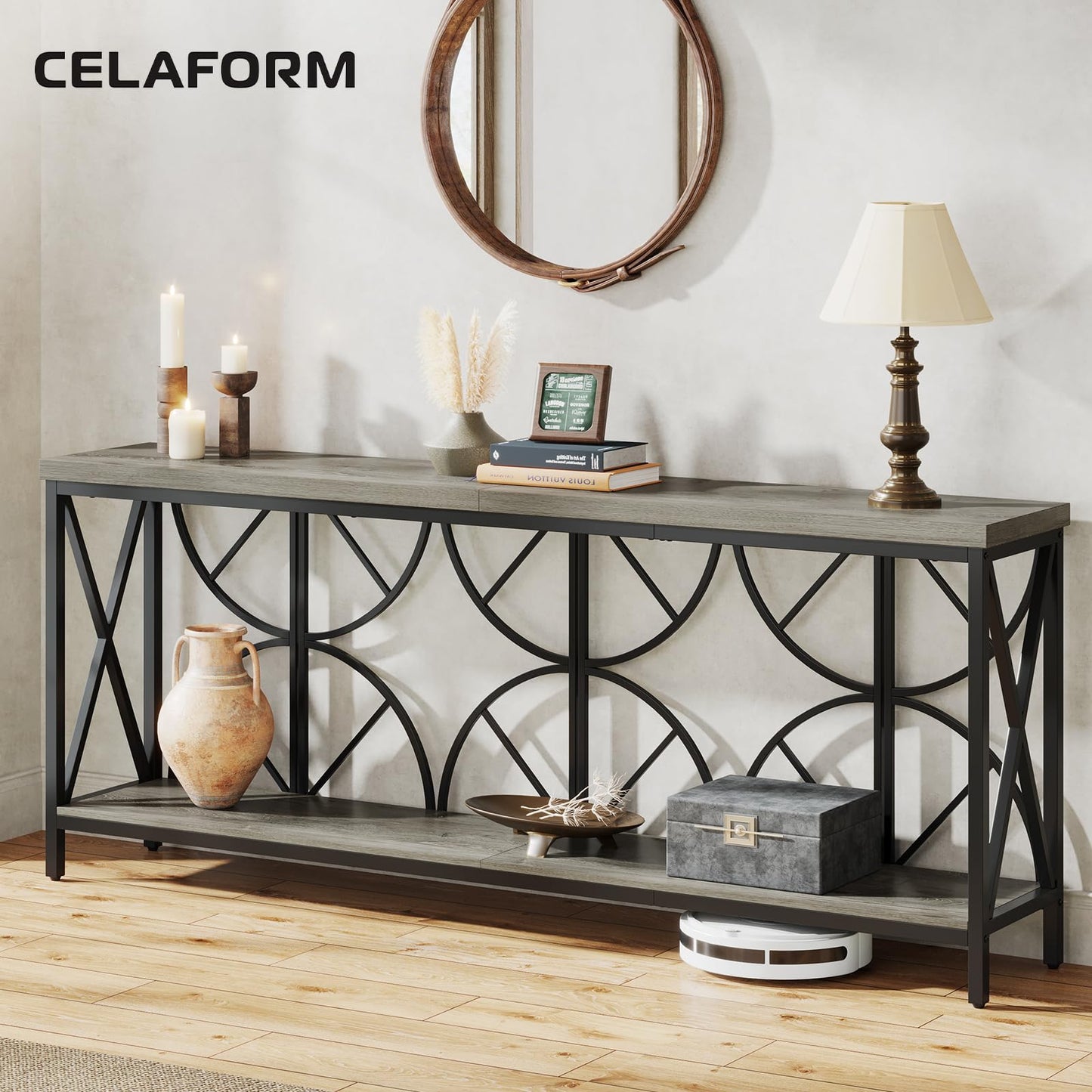 Celaform 70.9-Inch Extra Long Sofa Table, Narrow Console Table Behind Couch with Storage for Entryway, Living Room, Entrance, Hallway, Foyer, Unique Geometric (Grey)