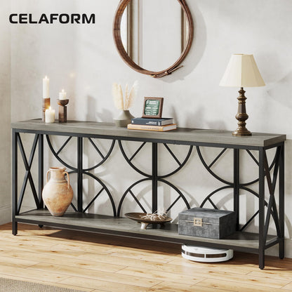 Celaform 70.9-Inch Extra Long Sofa Table, Narrow Console Table Behind Couch with Storage for Entryway, Living Room, Entrance, Hallway, Foyer, Unique Geometric (Grey)