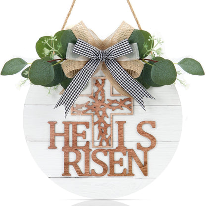 TOARTi He is Risen Easter Front Door Sign Wreath (11.4"x11.4"), Rustic Christian Cross Wall Sign Hanging Plaque, Farmhouse Religious Home Wooden Door Decoration for Housewarming Easter Gift