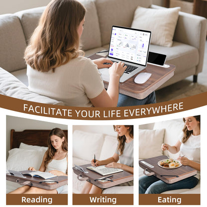 wishacc Lap Desk with Cushion and Hidden Book Clips, Wooden Bed Desk for Laptop and Writing, Cushioned Laptop Tray for Couch, Portable Lap Desk for Adults, Car Laptop Couch Table (Fits up to 17")
