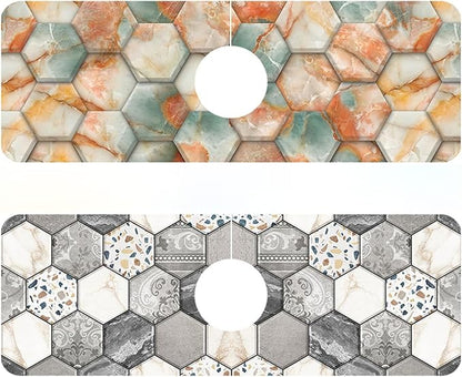 2 Pack Hexagon Marble Sink Splash Guard Faucet Mat Gold Glitter Lines Marble