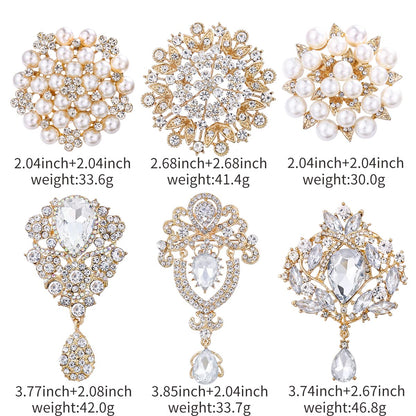 MEEDOZ Crystal Rhinestone Flower Brooch Pin Set for Women DIY Bridal Wedding Bouquet Kit (Gold-tone 6pcs)