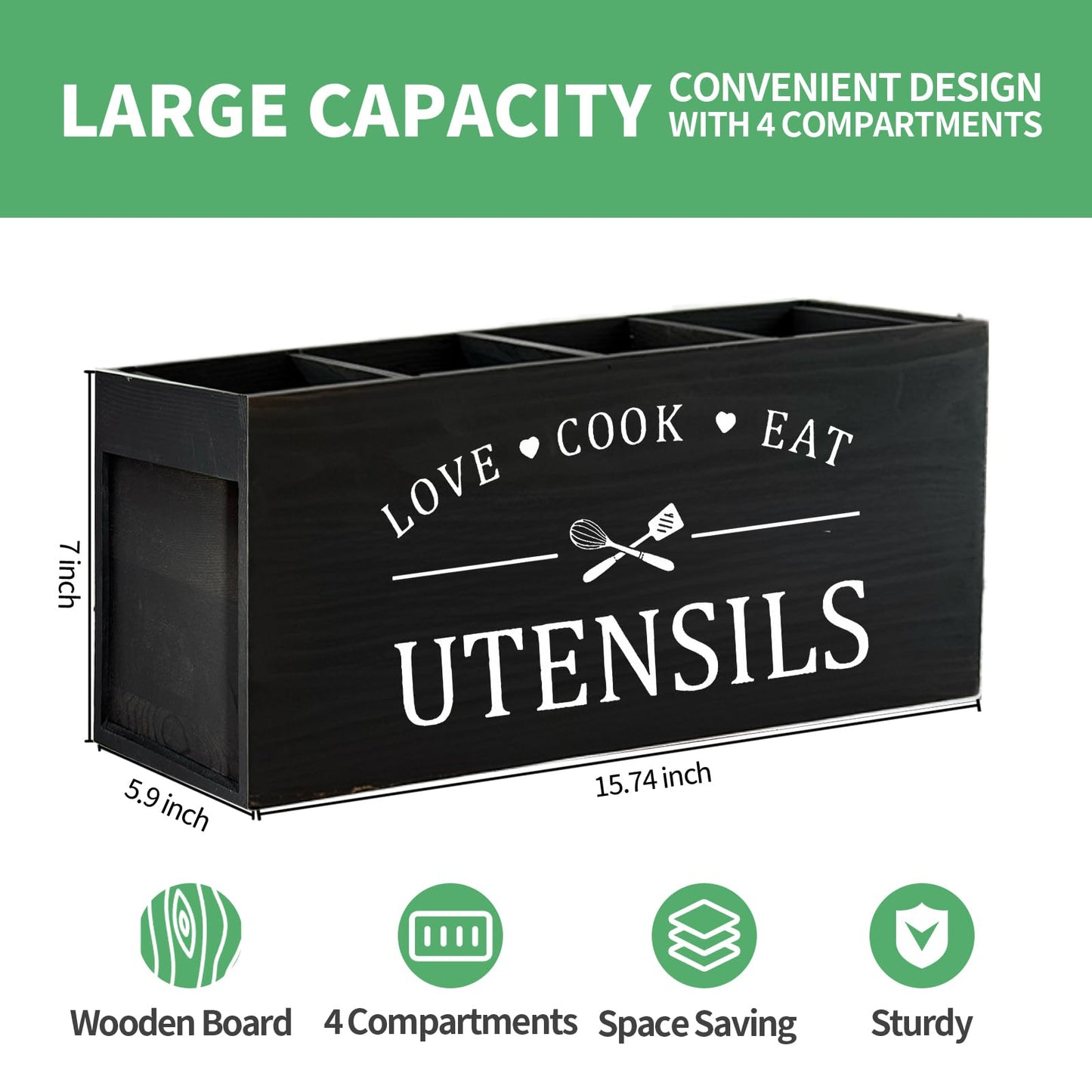 Extra Large Kitchen Utensils Holder with 4 Compartments, Wooden Storage Utensil Holder Organizer for Counter or Countertop, Farmhouse Decor, Rustic Cooking Utensil Kitchen Tool
