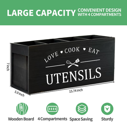 Extra Large Kitchen Utensils Holder with 4 Compartments, Wooden Storage Utensil Holder Organizer for Counter or Countertop, Farmhouse Decor, Rustic Cooking Utensil Kitchen Tool