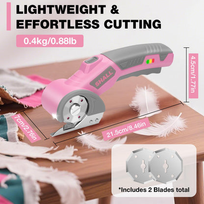 SHALL 4V Cordless Electric Scissors, Rechargeable Cardboard Cutter, Rotary Electric Box Cutter w/Safety Lock, LED Light & Replacement Blade for Fabric, Leather, Carpet, Cardboard & Plastic, Pink/Grey