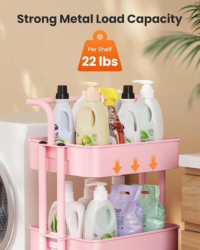 Pipishell 3 Tier Rolling Cart, Metal Utility Cart with Lockable Wheels and Handle, Rolling Storage Cart for Nursery Room, Living Room, Painting Room, Office and Kitchen, Pink