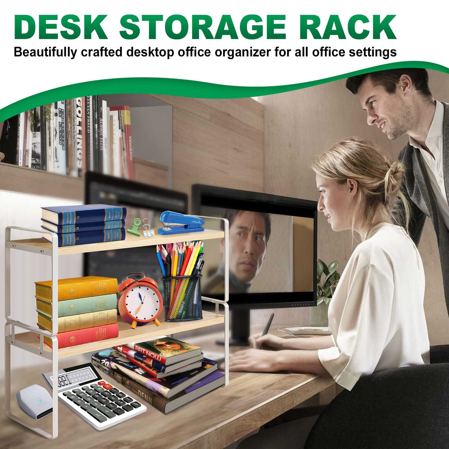 YGYQZ Desk Shelf Organizer for Top of Desk, Detachable 2 Tier Desktop Bookshelf, Wooden Desk Shelves Storage Rack, Small Desktop Shelf for Office Home Dorm, Tabletop Desk Organizer Stand (White Wood)