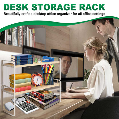 YGYQZ Desk Shelf Organizer for Top of Desk, Detachable 2 Tier Desktop Bookshelf, Wooden Desk Shelves Storage Rack, Small Desktop Shelf for Office Home Dorm, Tabletop Desk Organizer Stand (White Wood)