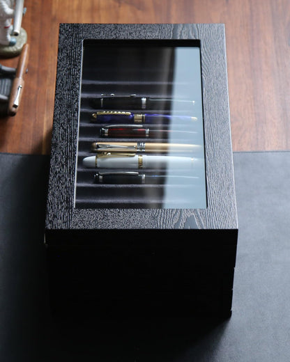Besforu wood pen display case 36 slot Fountain pen Box storage Organizer with drawer, Top Glass Window Pen Collection Display Case