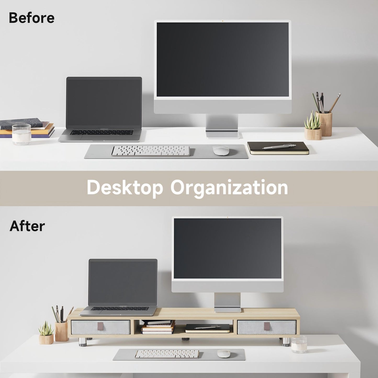 Fenge Monitor Stand, Dual Monitor Stand with 2 Drawers, Monitor Riser for 2 Monitors, Adjustable Height Computer Stand, Office Monitor Stands for Desk, Laptop, PC, TV, Printer