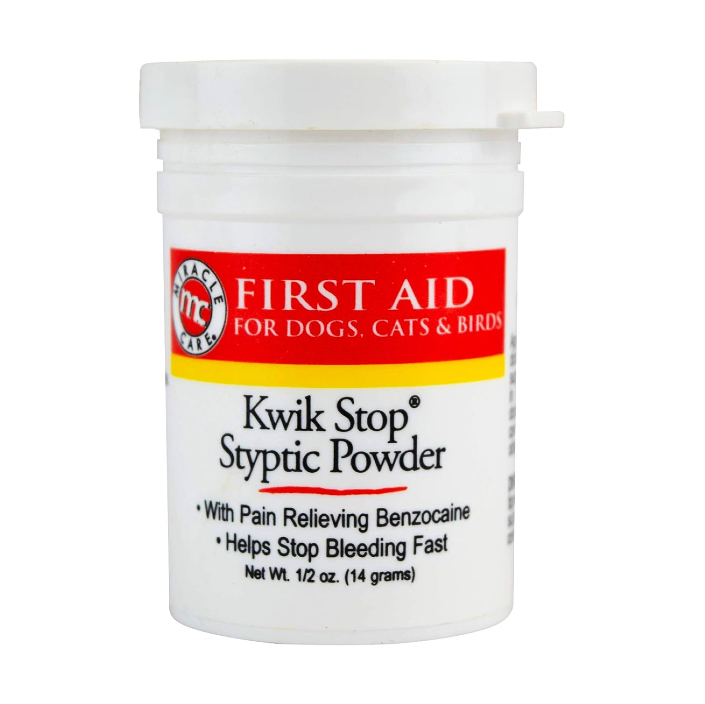 Miracle Care Kwik Stop Styptic Powder For Dogs, Cats and Birds, 0.5 Ounce, Fast Acting Blood Stop Powder with Pain Relieving Benzocaine