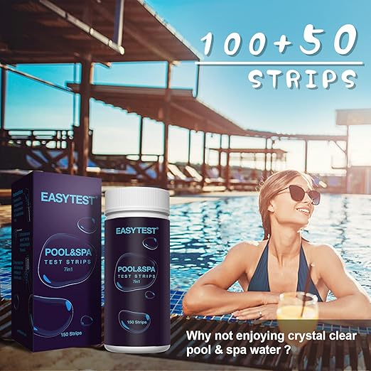 EASYTEST 7-Way Pool Test Strips, 150 Strips Water Chemical Testing for Hot tub and Spa, Accurate Test Bromine, Total Alkalinity, pH, Free Chlorine, Total Hardness, Cyanuric Acid, and Total Chlorine