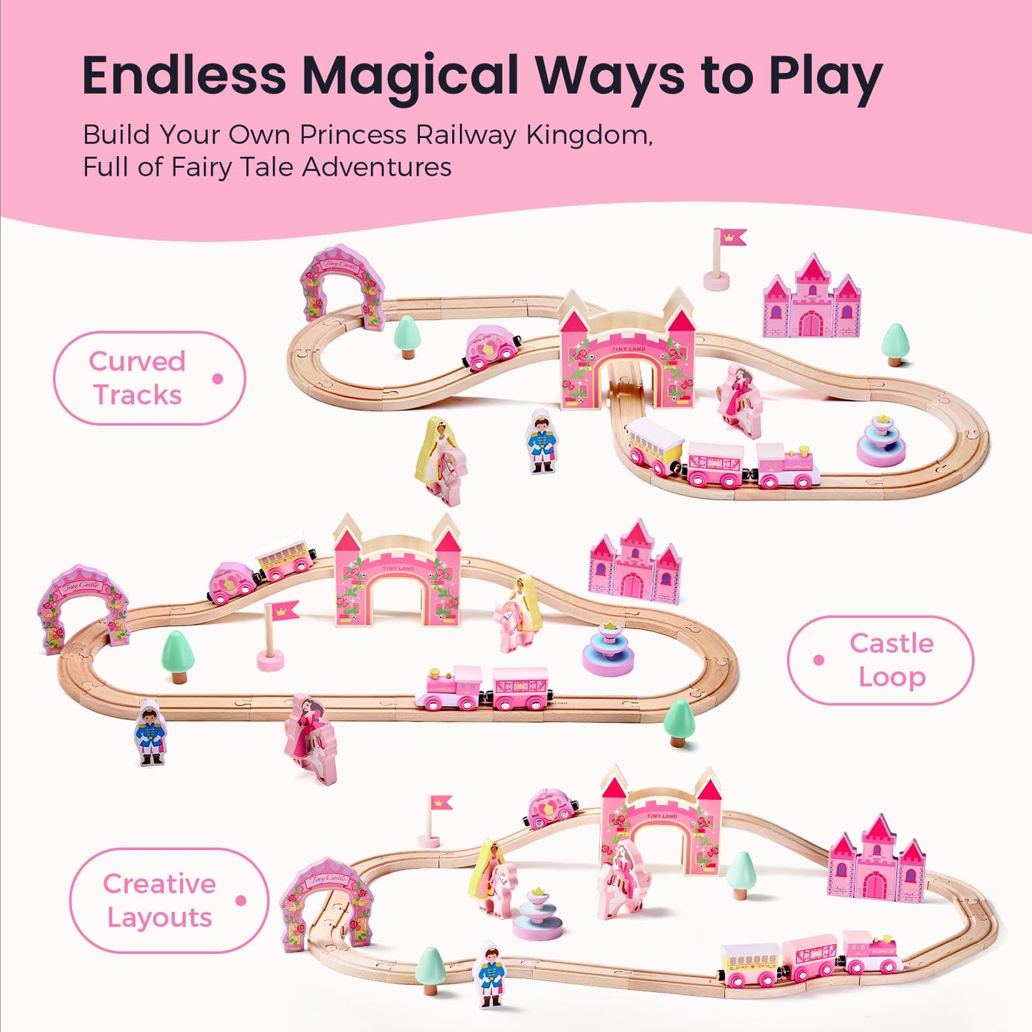 Tiny Land Wooden Train Set for Girls, 38PCS Unicorn Princess Train Set with Castle Bridge & Royal Accessories, Pink Fantasy Train Track Set, Gift for Toddlers Girl Toys Ages 3+