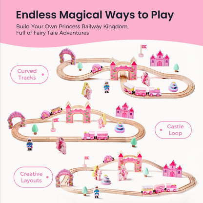Tiny Land Wooden Train Set for Girls, 38PCS Unicorn Princess Train Set with Castle Bridge & Royal Accessories, Pink Fantasy Train Track Set, Gift for Toddlers Girl Toys Ages 3+