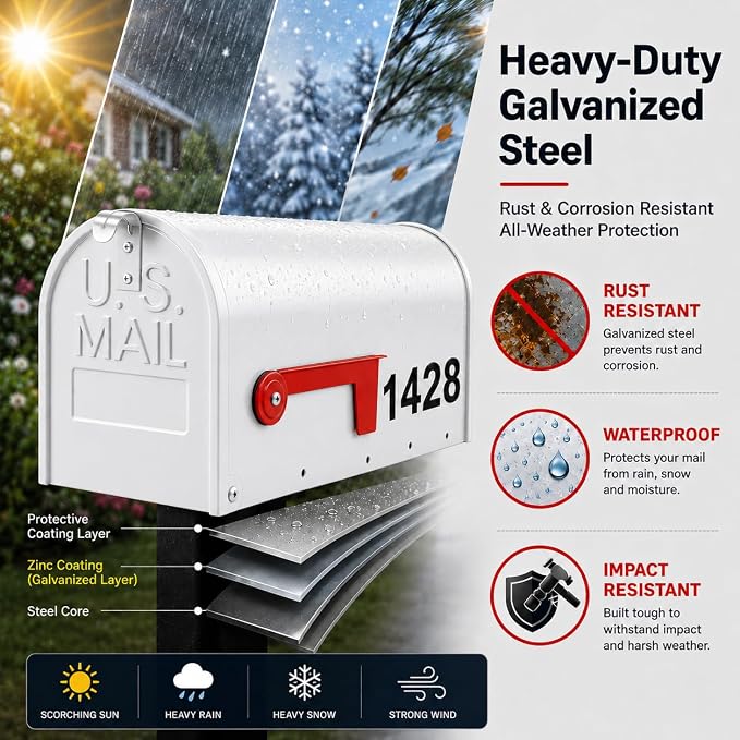 Mailbox for Outside,Metal Post Mount Outdoor MailBoxes - with Tools,Screws,Number Stickers,Red Flag Indicated,Medium Capacity,Galvanized Steel,Waterproof Mail Box for House Outside,20 x 8.7 x 6.7 ”