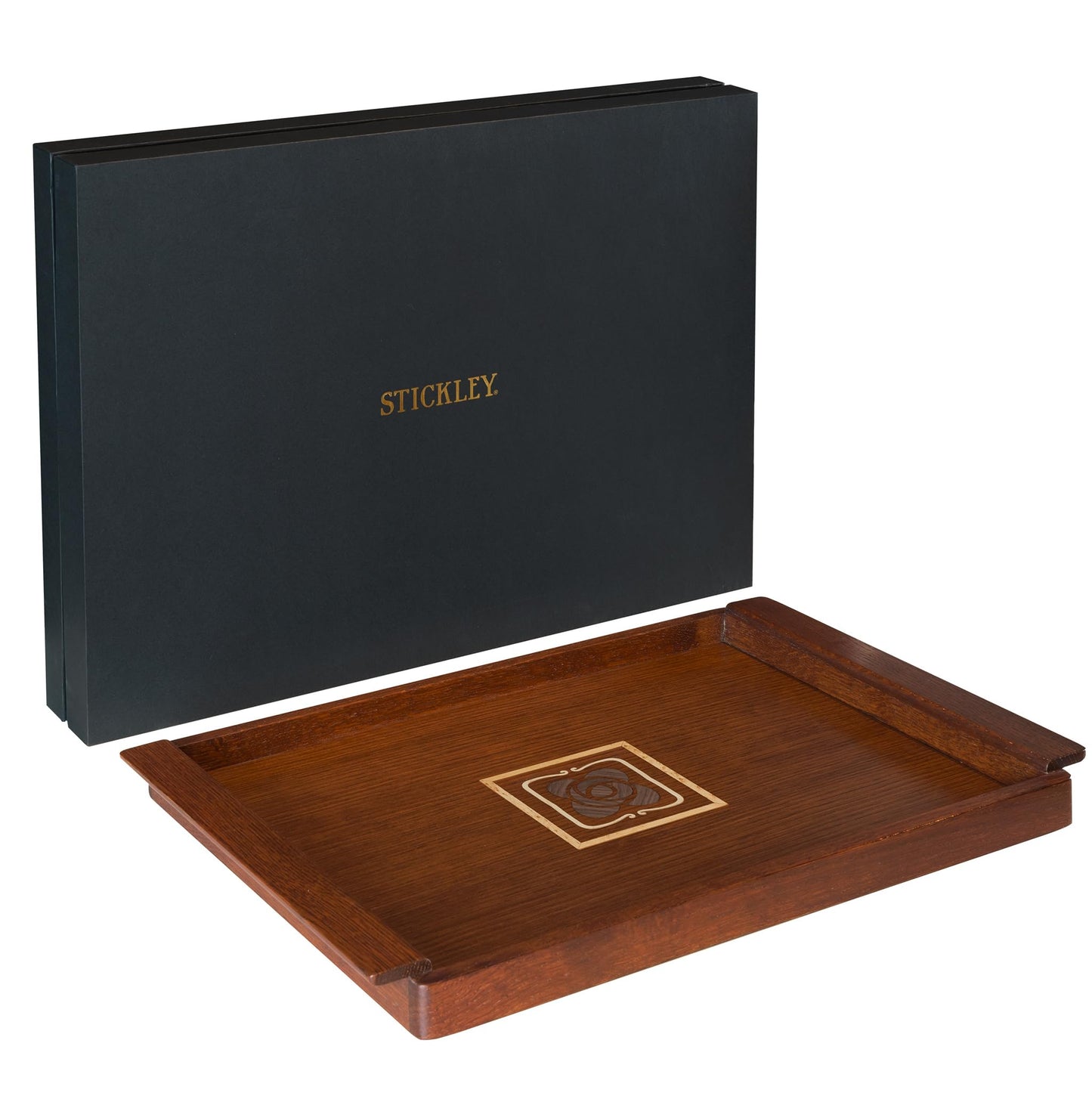 Stickley Mission Rose Serving Tray, Solid Oak in Natural Finish, Decorative Inlay of Maple, Bird's-Eye Maple & Walnut, Mission Style, Gift Box, 20.75in W x 14in D