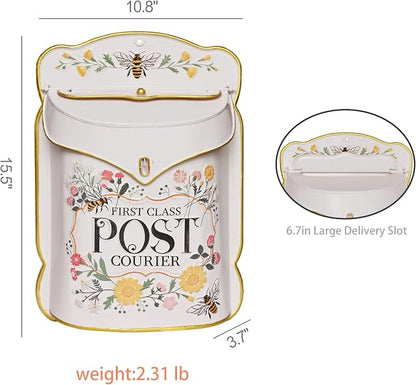 Wall Mount Mailbox for Outside Vintage Mail Boxes for House Outside Metal Door Mailbox Drop Box Antique Style Nostalgic Charm Home Decorative, Flower Pattern, Pink
