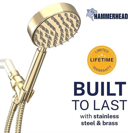 HammerHead Showers® Solid Metal Handheld Shower Head with Hose and Brass Holder - POLISHED BRASS - 2.5 GPM High Pressure Shower Heads with Adjustable Shower Wand Bracket - 6ft Flexible Extension