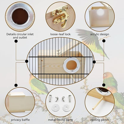 Large Parakeet Nesting Box,Transparent Parrot Breeding Box with Detachable Wooden Board Acrylic Visible Bird Cage House with Perch for Cockatiel Conure Budgie Lovebird Finch