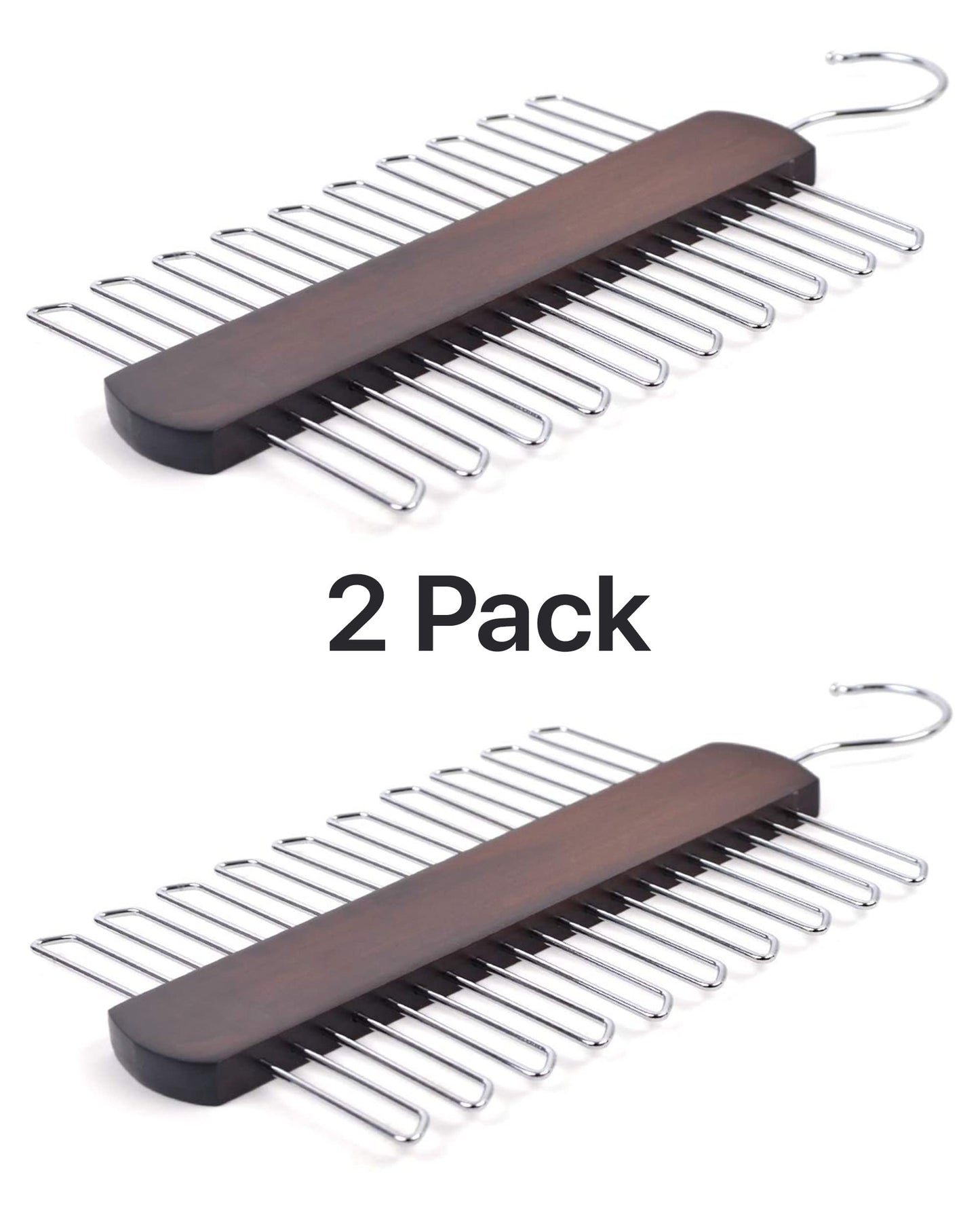 Umo Lorenzo 2 Pack Premium Wooden Necktie and Belt Hanger, Walnut Wood Center Organizer and Storage Rack with a Non-Slip Finish - 20 Hooks