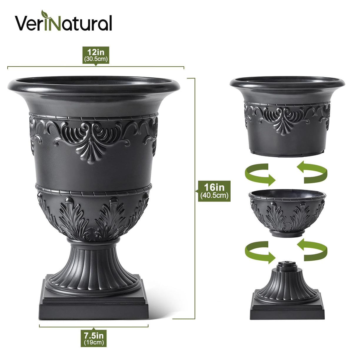 VeriNatural Classic Traditional Plastic Urn Planter, 15"x13" Flower Pots for Indoor Outdoor,Plant Pots for Porch Decor,Set of 2