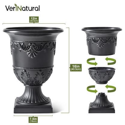 VeriNatural Classic Traditional Plastic Urn Planter, 15"x13" Flower Pots for Indoor Outdoor,Plant Pots for Porch Decor,Set of 2