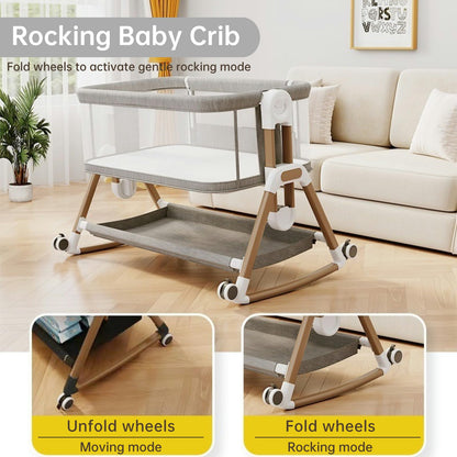 WinkleStar Baby Bassinet Bedside Sleeper with Mattress, 6-Level Height Adjustable Co Sleeper Bassinet, Rocking Baby Crib with Mosquito Net, 360° Wheels & Storage Basket – Premium Linen & Metal Frame