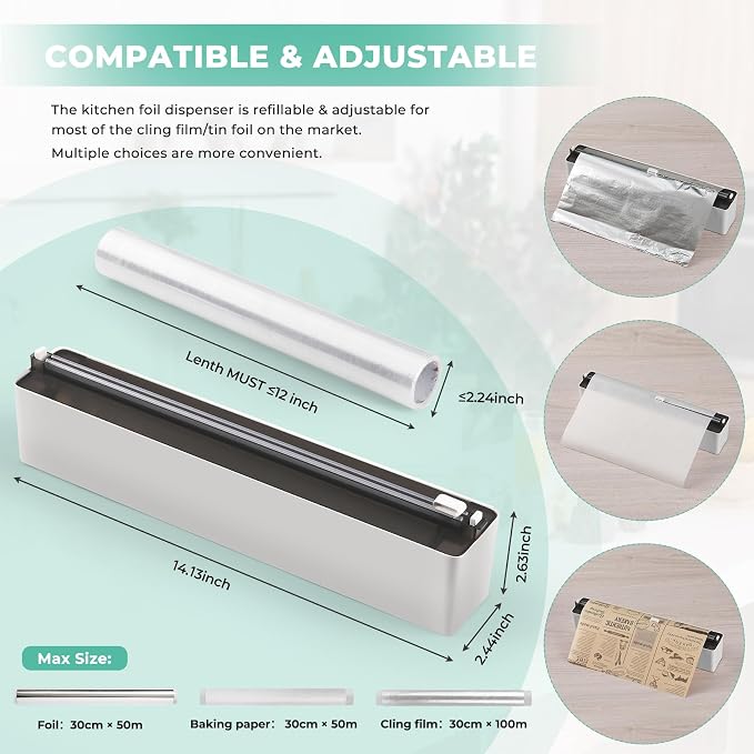 Magnetic Plastic Wrap Dispenser with Cutter - Practical Refillable Aluminum Tin Foil and Plastic Wrap Organizer for Drawer, Including an Extra Roll of 12"X 164' Food Cling Film - Black