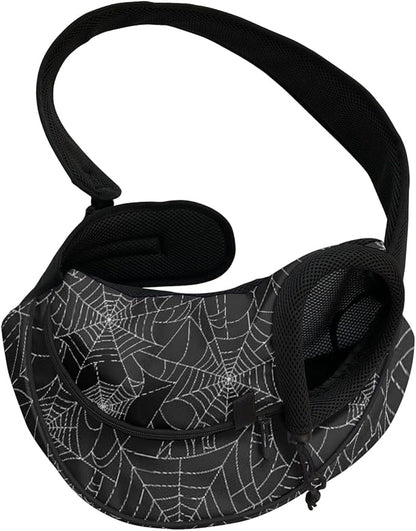 FUSURIRE Spider Web Small Dog Sling Carrier for Small Pets, Cats and Puppies, Breathable Mesh Halloween Front Pack Hands-Free Carrier Bag with Adjustable Shoulder Strap for Outdoor Travel