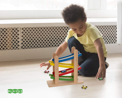 Play22 Wooden Car Ramps Race - 4 Level Toy Car Ramp Race Track Includes 4 Wooden Toy Cars - My First Baby Toys - Toddler Race Car Ramp Toy Set is A Great Gift for Boys and Girls - Original By Play22