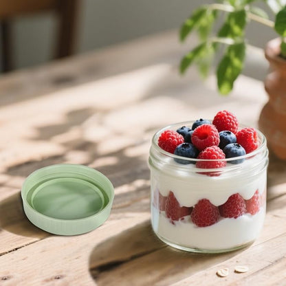 SHOWIN Overnight Oats Containers with Lids, 10oz Glass Jars with Lids 4 pcs, Light Green, Wide Mouth Mason jars for Salad, Yogurt, Snacks, Meal Prep
