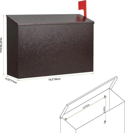 LAND·VOI Wall-Mount Mailbox with One Flag Kit and Three Sets of 0-9 Mailbox Number Stickers, Galvanized Steel Rust-Proof Metal Post Box, Mailboxes for Outside, 4.33" Dx14.2 Wx10.43 H, Bronze