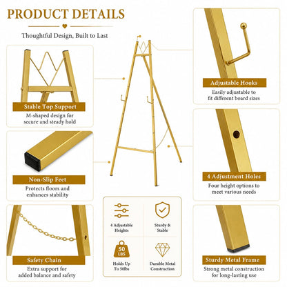 57.5" Gold Easel Stand for Wedding Sign, Heavy Duty Metal Display Stand, 4-Tier Height Adjustable Easel for Art, Paintings, Welcome Signs, Posters, and Décor, Simply Assembly Required