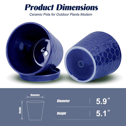 BUYMAX Plant Pots Indoor –6 inch Ceramic Flower Pot with Drainage Hole and Ceramic Tray - Gardening Home Desktop Office Windowsill Decoration Gift, Set of 2(Royal Blue)